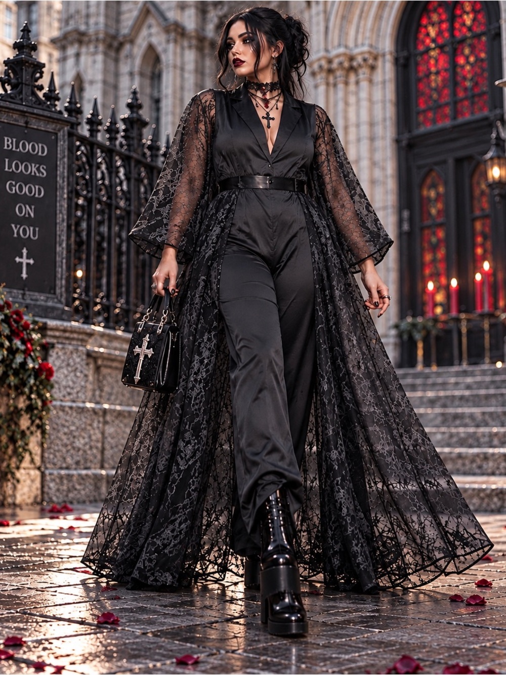 Xpluswear Black Sheer Overlay Jumpsuit